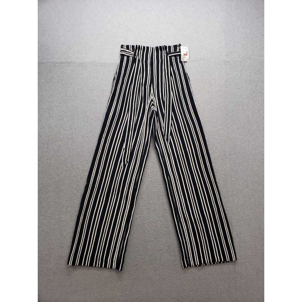 H&M Women Pants 0 Black White Striped Zip Tie Waist Wide Legs Lightweight Casual